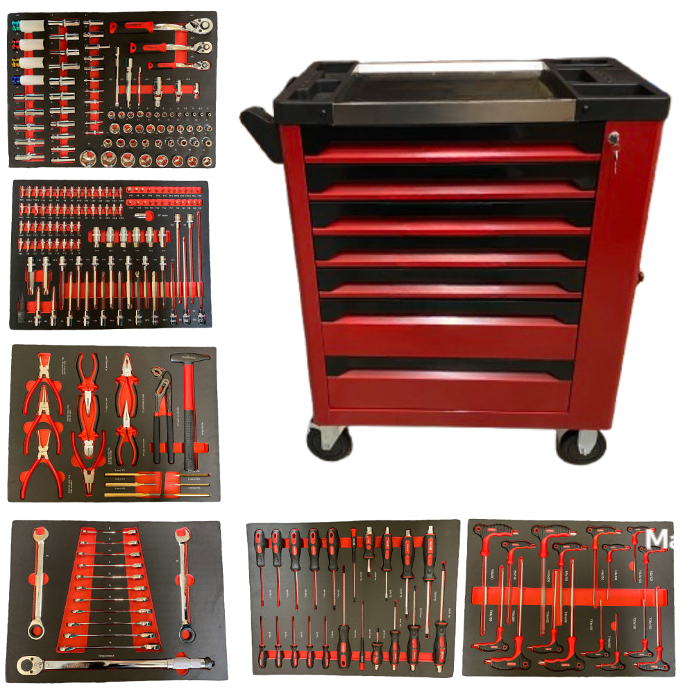 7 Drawer Caster Mounted Roller Tool Chest Cabinet with 6 Drawers of Tools - Red