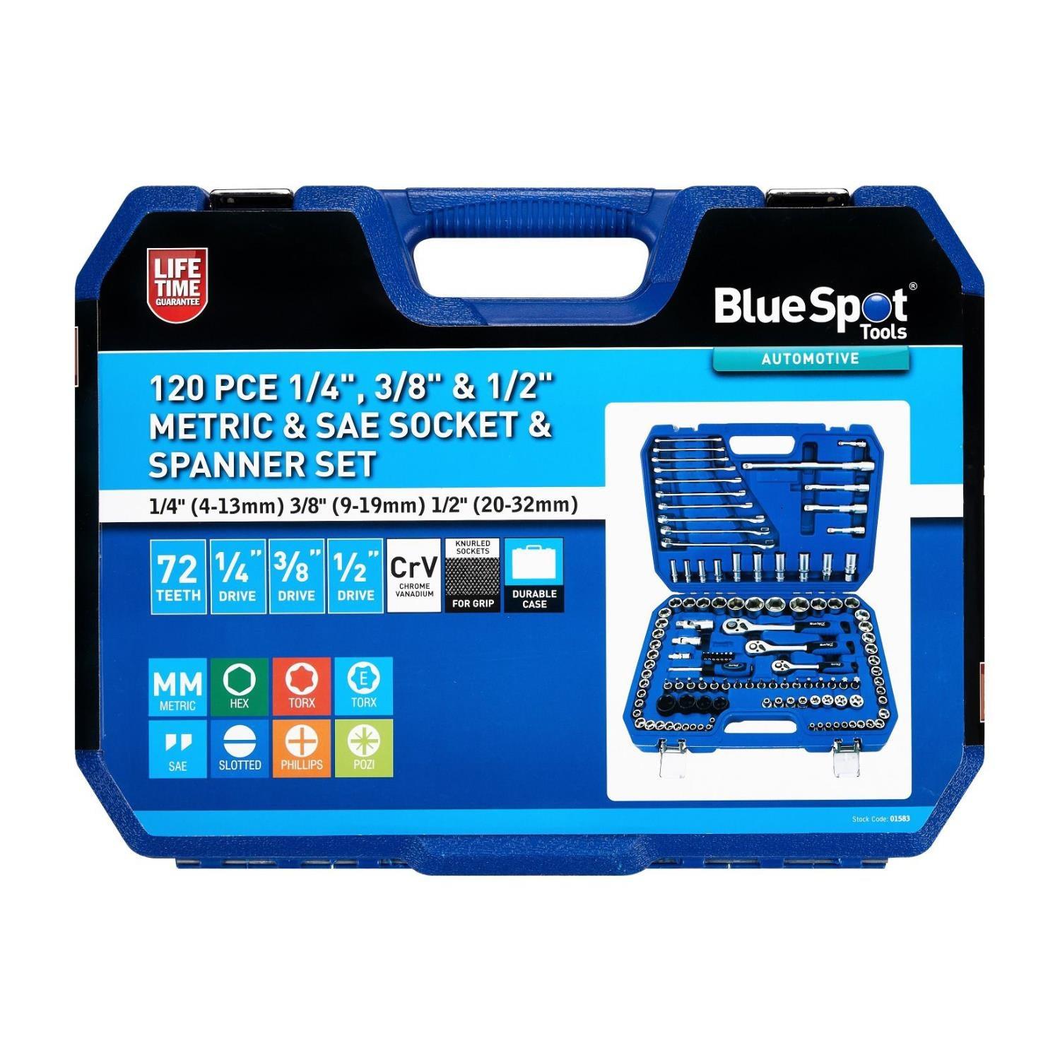 BlueSpot 120PC 1/4", 3/8" & 1/2" Metric & SAE Socket & Spanner Set 4 - 32MM 01583 - Tools 2U Direct SW