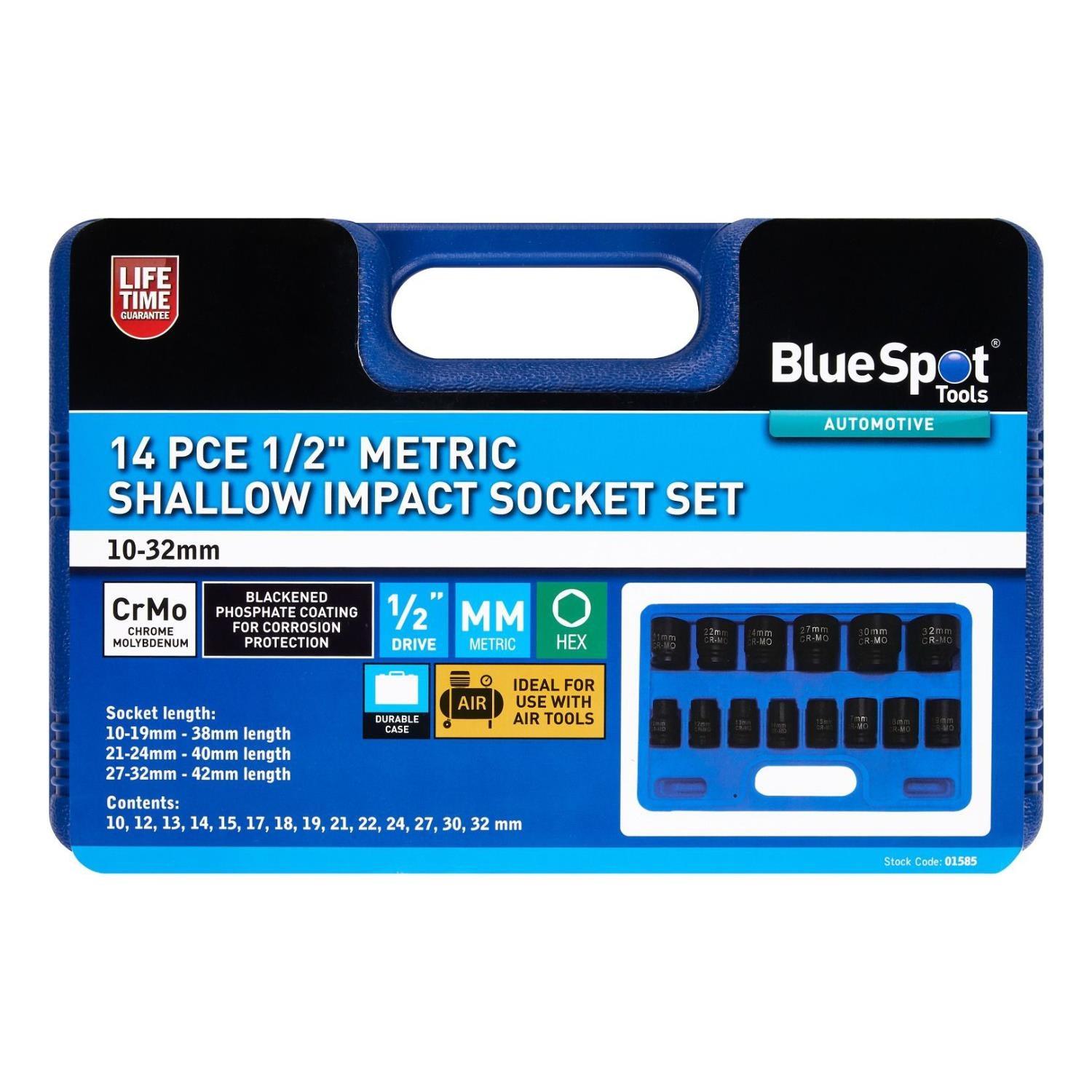 BlueSpot 14pc 1/2" DR Metric Shallow Impact Sockets Set 10mm - 32mm 01585 - Tools 2U Direct SW