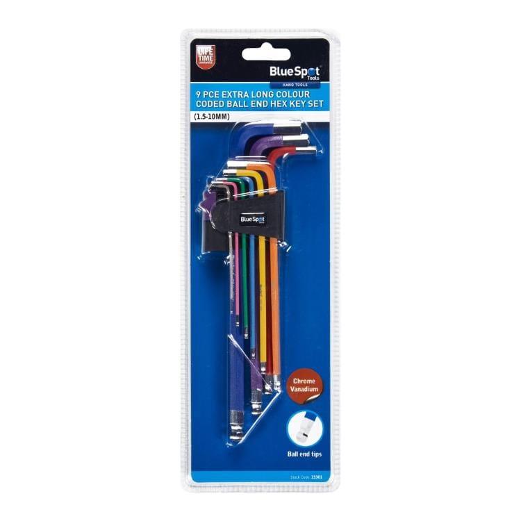BlueSpot 9pc Extra Long Colour Coded Ball End Metric Hex Key Set 1.5-10mm 15301 - Tools 2U Direct SW