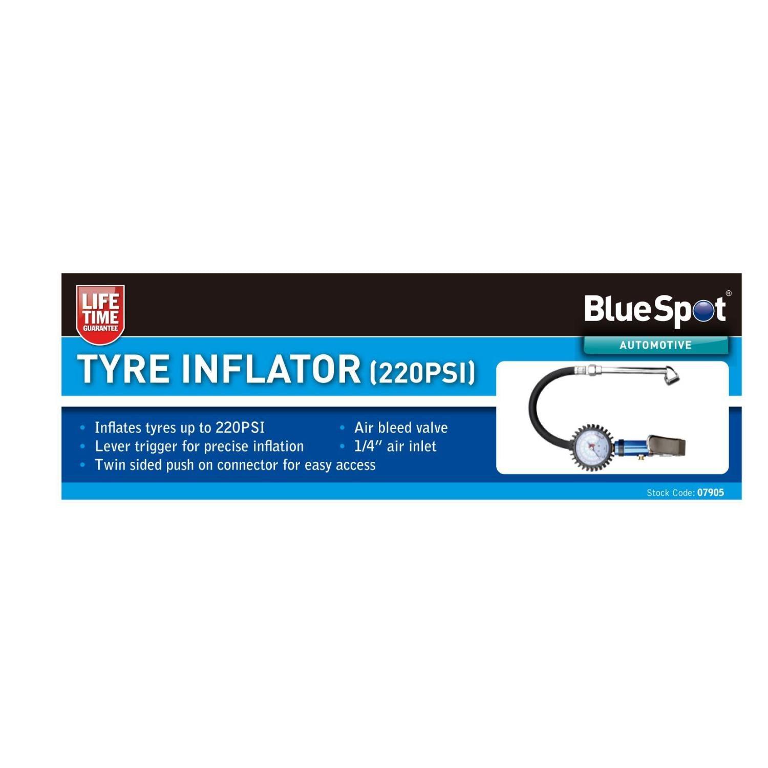 BlueSpot Compact Air Tyre Inflator with Dial Gauge 220PSI 07905 - Tools 2U Direct SW