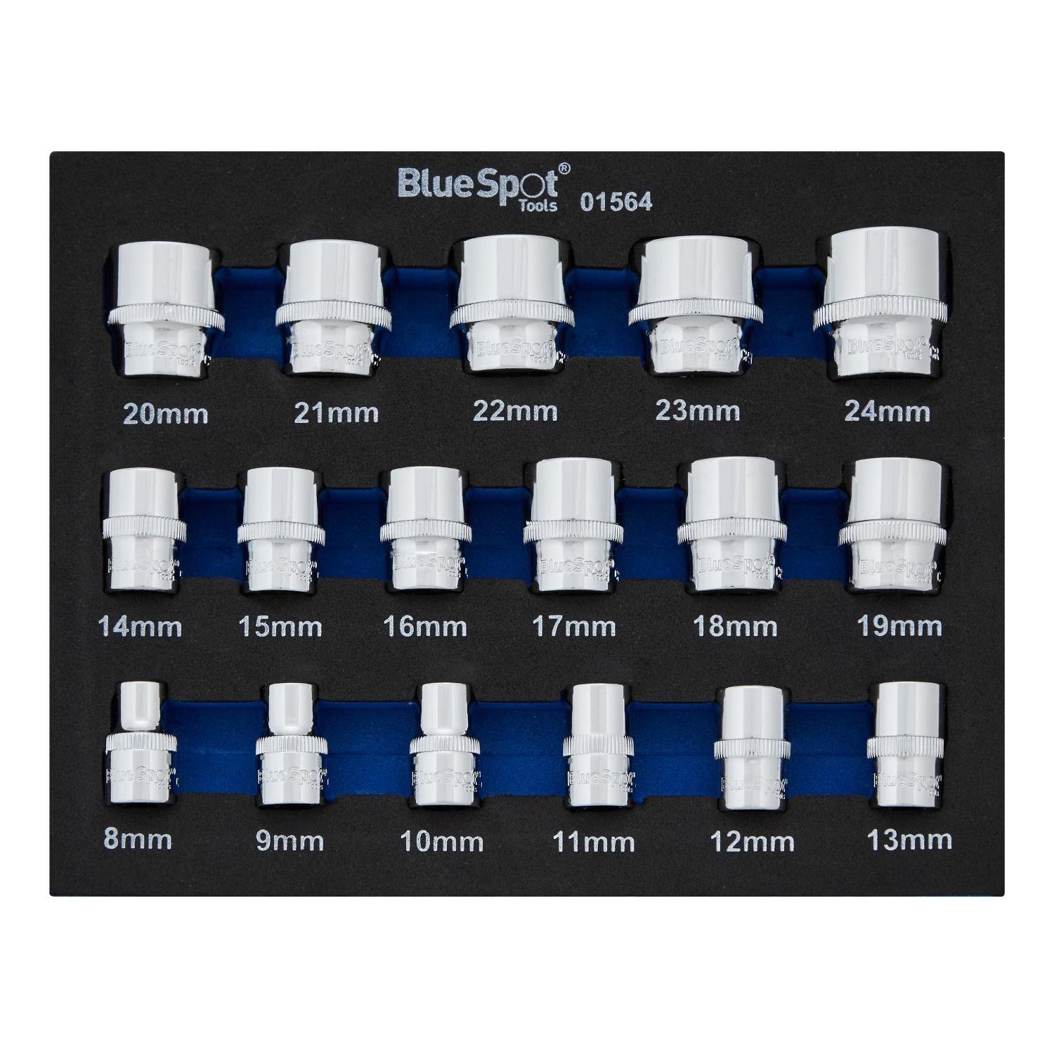 Bluespot Tools 17 PCE 3/8" Metric Shallow Sockets 8 - 24MM In EVA Foam Tray 01564 - Tools 2U Direct SW