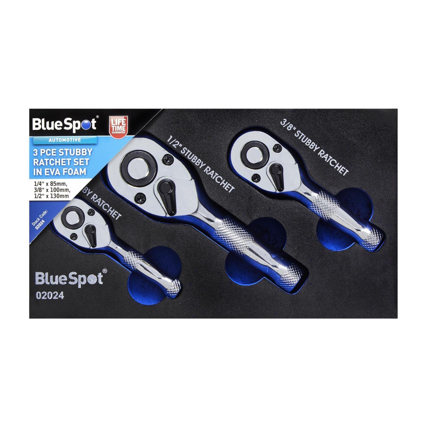 Bluespot Tools 3 Piece Stubby Ratchet Set In EVA Foam Tray 1/4", 3/8", 1/2" 02024 - Tools 2U Direct SW