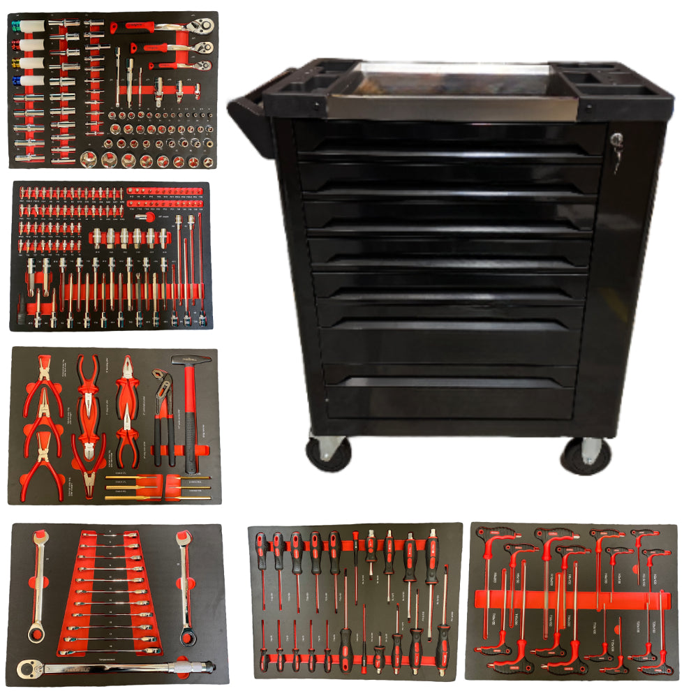 7 Drawer Caster Mounted Roller Tool Chest Cabinet with 6 Drawers of Tools - Black