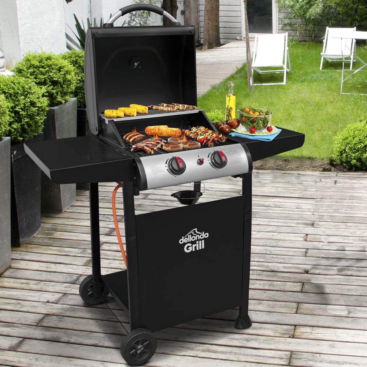 Dellonda 2 Burner Gas BBQ Grill with Ignition & Thermometer - Black/Stainless Steel DG13 - Tools 2U Direct SW