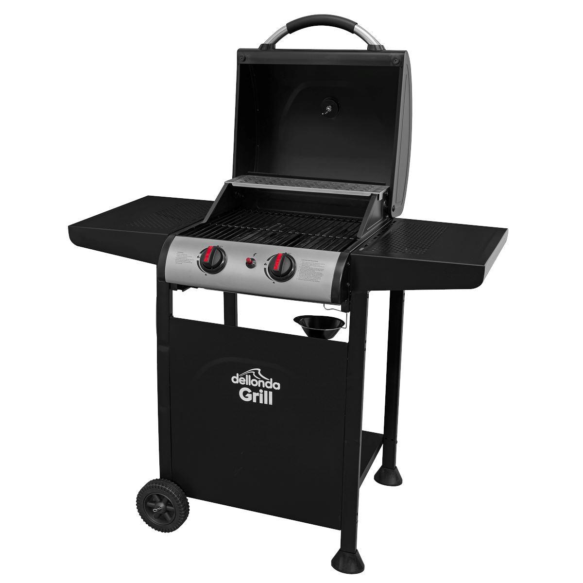Dellonda 2 Burner Gas BBQ Grill with Ignition & Thermometer - Black/Stainless Steel DG13 - Tools 2U Direct SW