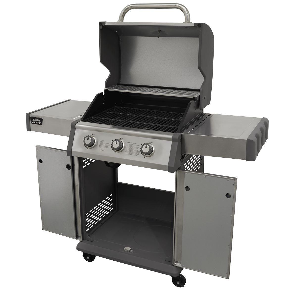 Dellonda 3 Burner Deluxe Gas BBQ Grill with Piezo Ignition & Wheels - Stainless Steel DG16 - Tools 2U Direct SW