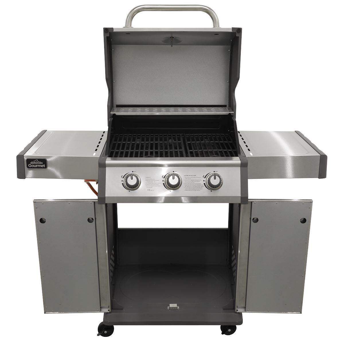 Dellonda 3 Burner Deluxe Gas BBQ Grill with Piezo Ignition & Wheels - Stainless Steel DG16 - Tools 2U Direct SW