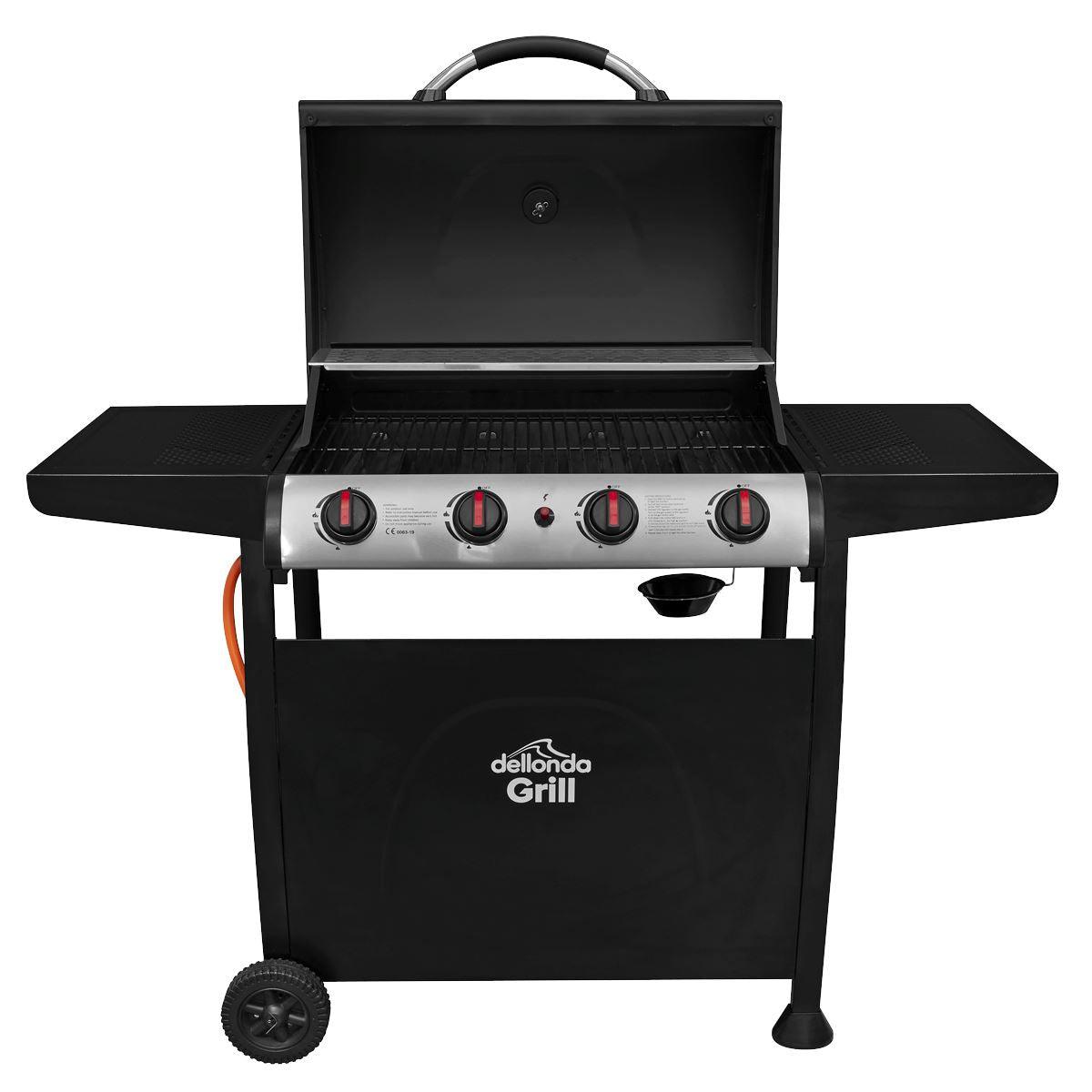 Dellonda 4 Burner Gas BBQ Grill, Ignition, Thermometer, Black/Stainless Steel DG15 - Tools 2U Direct SW