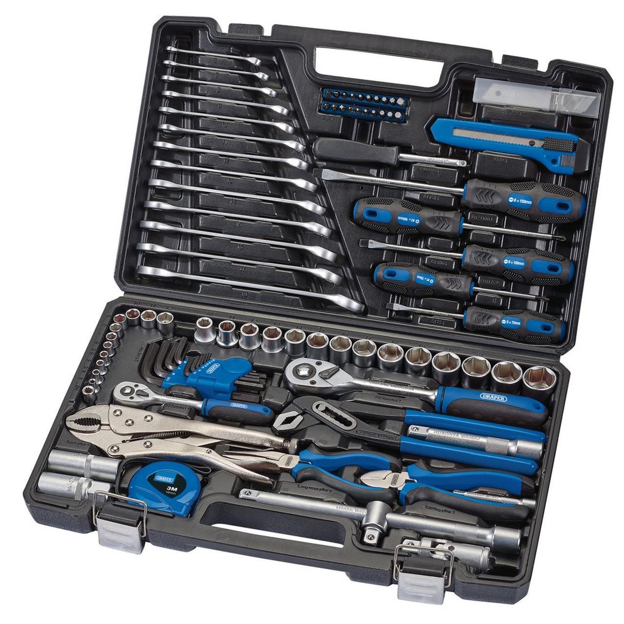 Draper 100PC Metric Tool Kit 1/4" & 1/2" Sockets, bit & Spanner Set 08627 - Tools 2U Direct SW