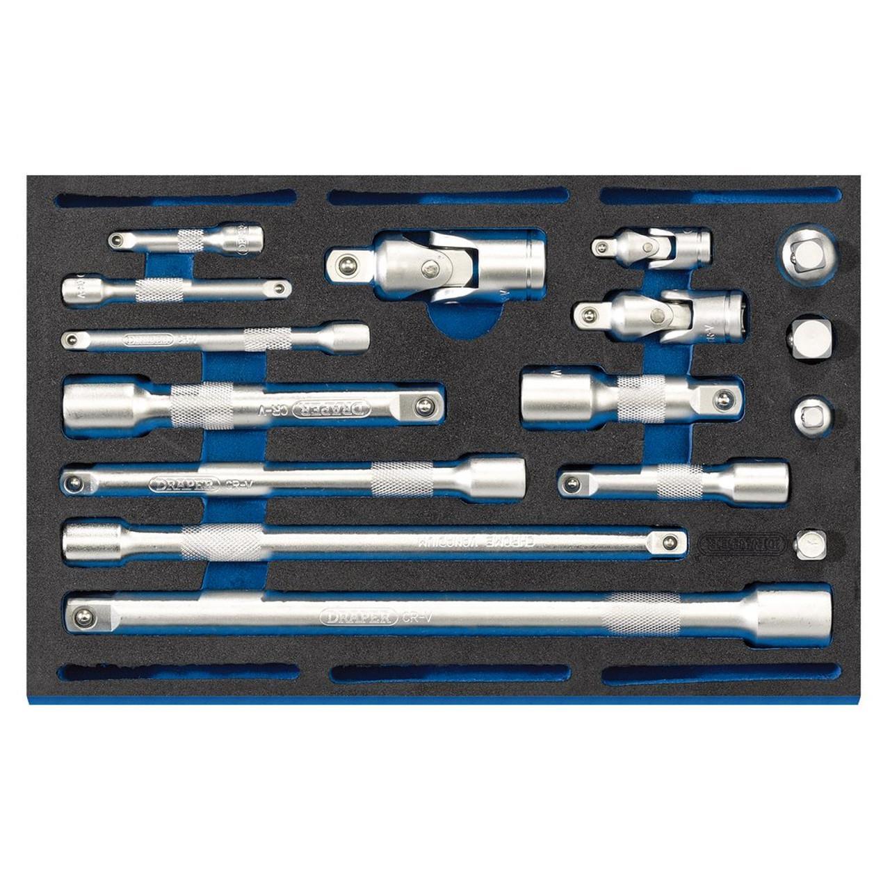 Draper 16 Piece 1/4, 3/8, 1/2" Extension Bar, Universal Joints and Socket Convertor Set in Eva Insert Tray 63530 - Tools 2U Direct SW
