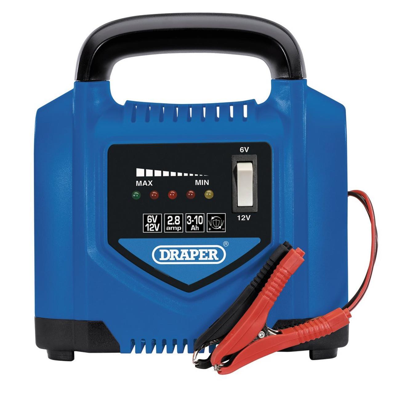 Draper 6V/12V Battery Charger, 2.8A, Blue and Black 53047 - Tools 2U Direct SW