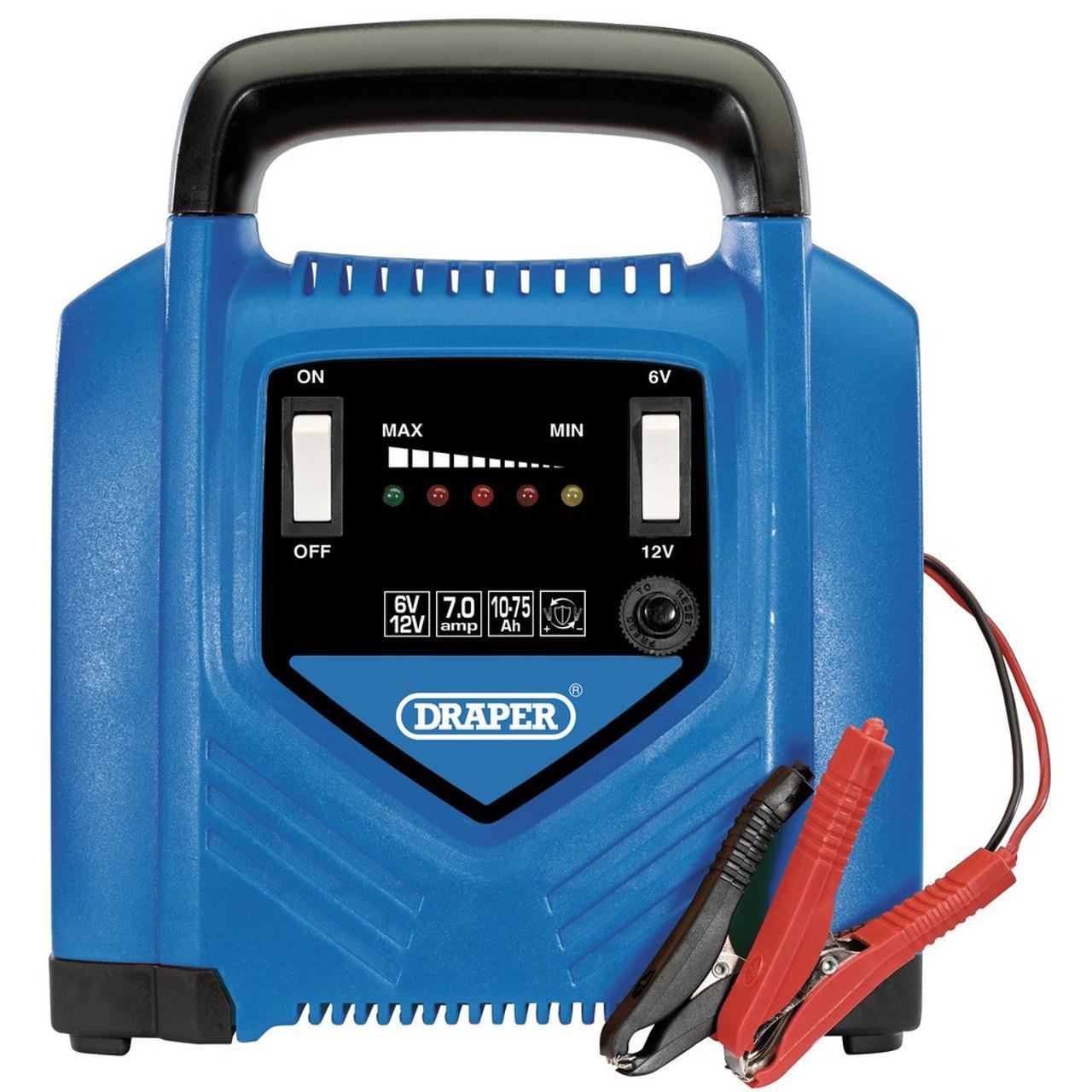 Draper 6V/12V Battery Charger, 7.0A, 10-75Ah, Blue and Black 53164 - Tools 2U Direct SW