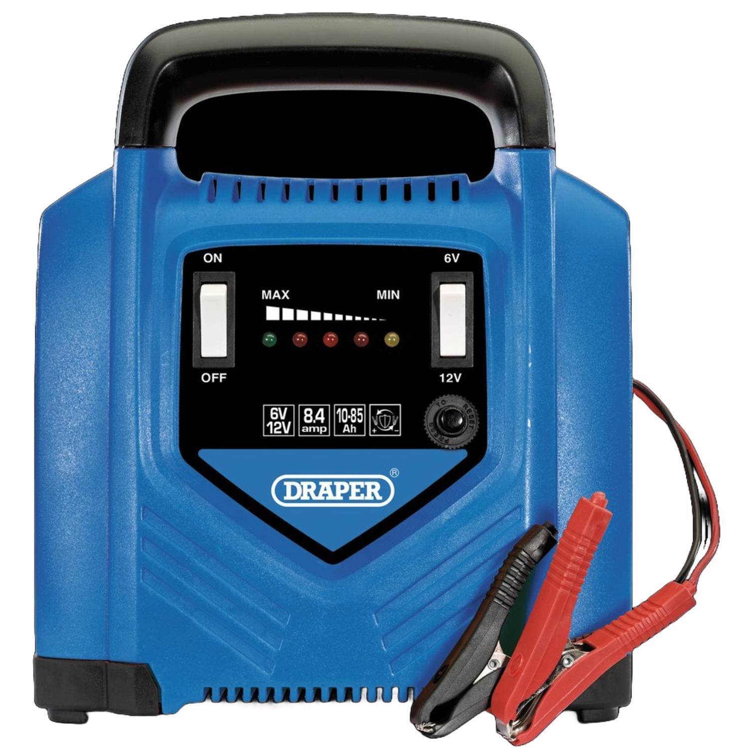 Draper 6V/12V Battery Charger, 8.4A, 10 - 85Ah, Blue and Black 70546 - Tools 2U Direct SW