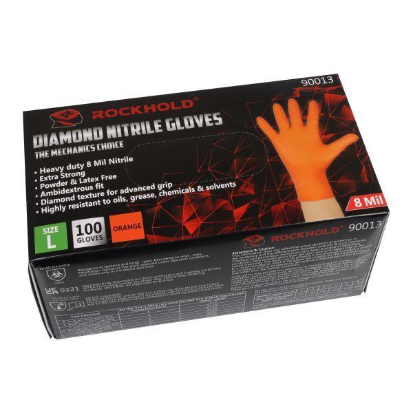 ROCKHOLD Large Nitrile Diamond Grip Gloves Heavy Duty Disposable Latex Free Orange x100 - Tools 2U Direct SW