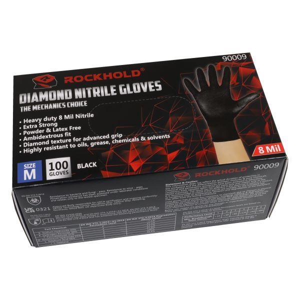ROCKHOLD Medium Nitrile Diamond Grip Gloves Heavy Duty Disposable Latex Free Black x100 - Tools 2U Direct SW