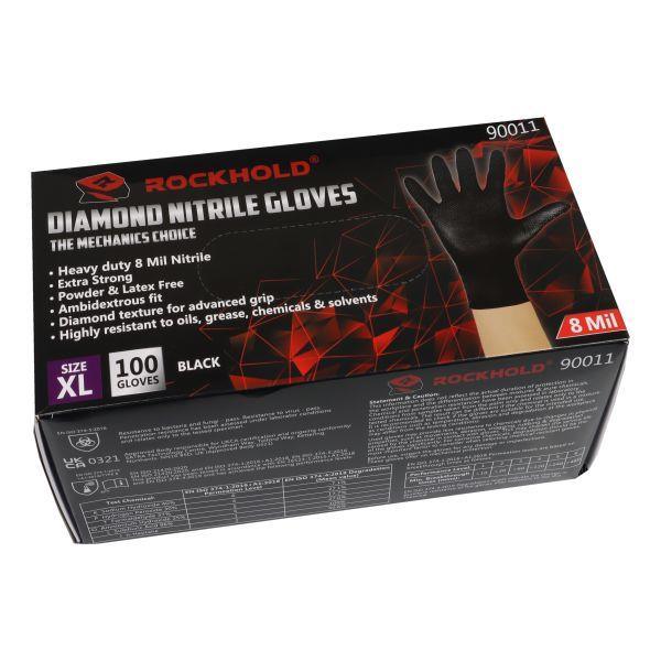 ROCKHOLD X-Large Nitrile Diamond Grip Gloves Heavy Duty Disposable Latex Free Black x100 - Tools 2U Direct SW