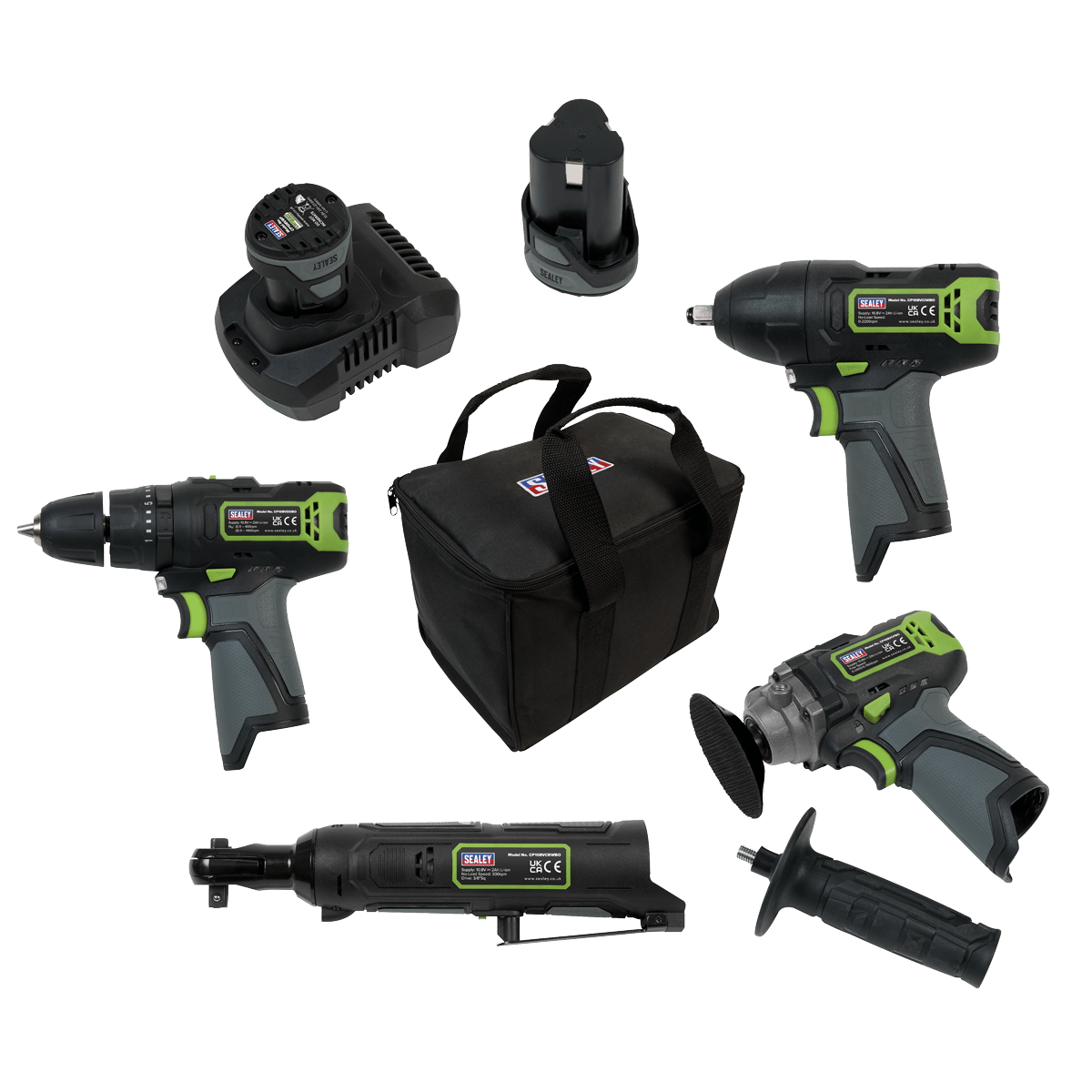 Sealey 4 x 10.8V SV10.8 Series Cordless Combo Kit - 2 Batteries - Drill, Ratchet & Impact Wrench, Polisher CP108VCOMBO1 - Tools 2U Direct SW