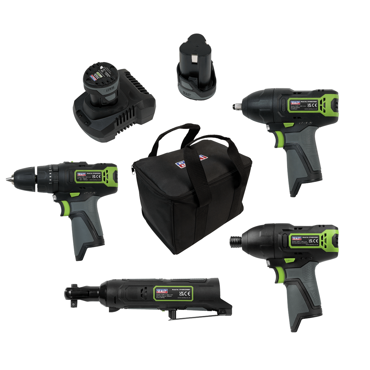 Sealey 4 x 10.8V SV10.8 Series Cordless Combo Kit - 2 Batteries - Drill, ratchet, Impact Driver & Wrench CP108VCOMBO2 - Tools 2U Direct SW