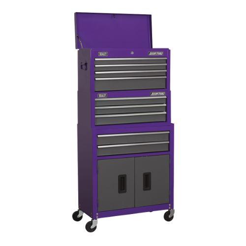 Sealey American Pro Topchest, Mid-Box & Rollcab 9 Drawer Stack - Purple/Grey AP2200BBCPSTACK - Tools 2U Direct SW