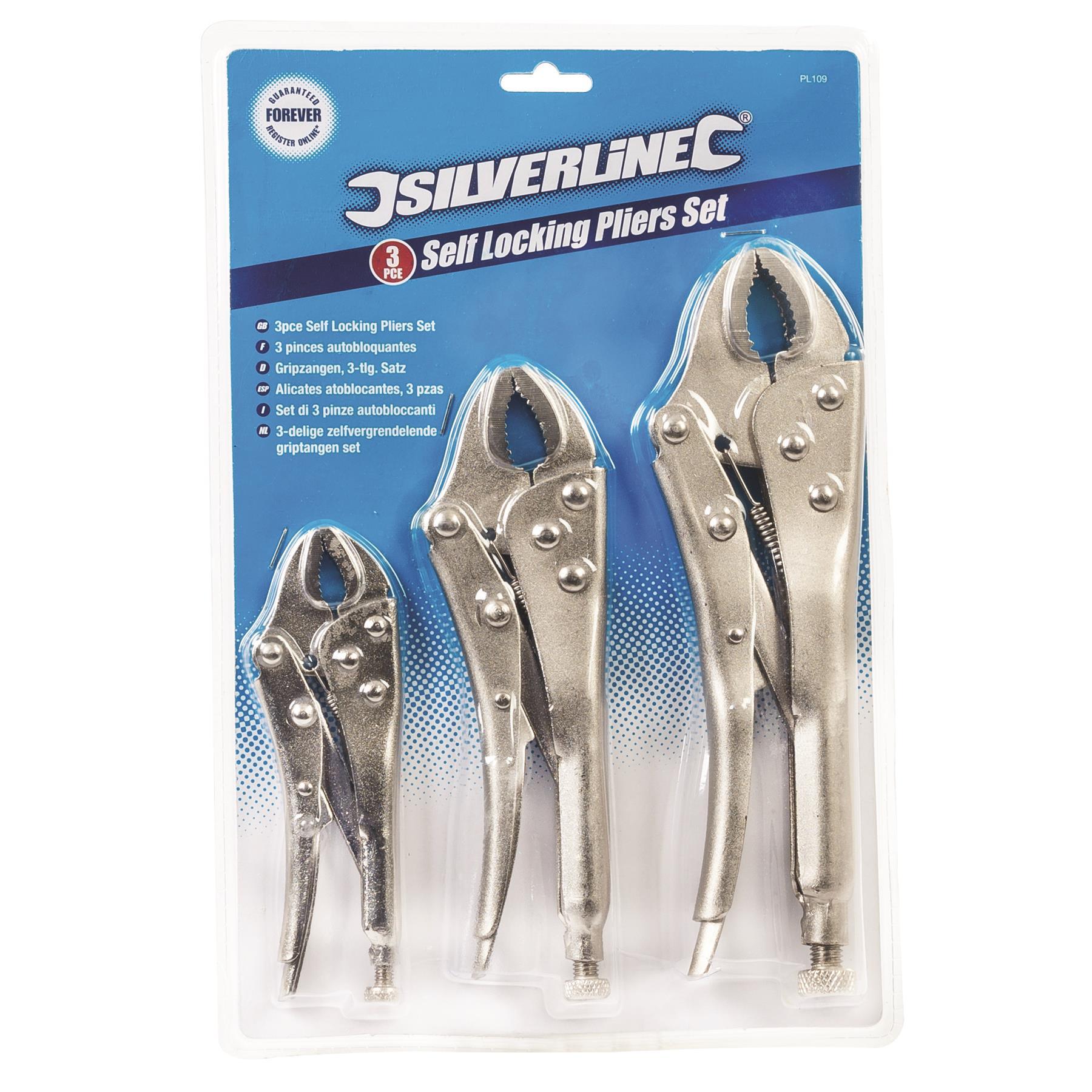 Silverline 3pce Set Nickel Plated Self-Locking Pliers Serrated Jaws - PL109 - Tools 2U Direct SW