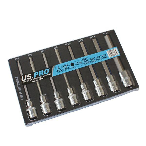 US PRO 8pc 1/2Dr 140mm Long Hex Bits Sockets Key Set Allen 5 - 17mm 2084 - Tools 2U Direct SW