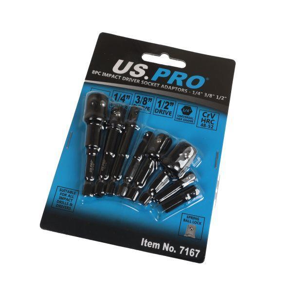 US PRO 8PC Impact Driver Socket Adaptors 1/4" 3/8" 1/2" - 1/4" Hex DR 7167 - Tools 2U Direct SW
