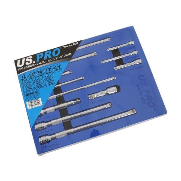US PRO Tools 12pc Socket Extension Bar Set 1/4" 3/8" 1/2" DR In Foam Tray 4234 - Tools 2U Direct SW