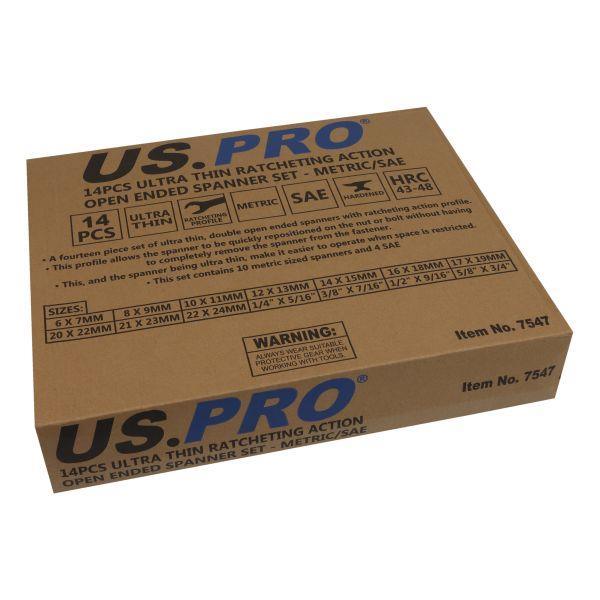 US PRO Tools 14pcs Ultra Thin Ratcheting Action O/E Spanner Set Metric SAE 7547 - Tools 2U Direct SW