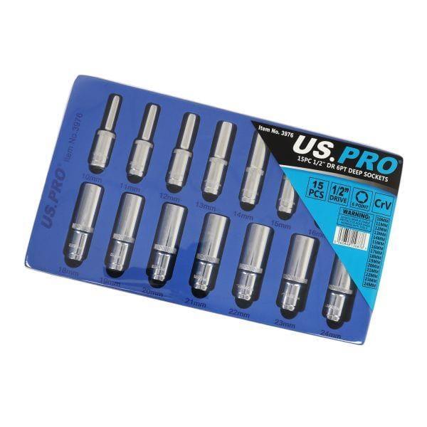 US PRO Tools 15PC 1/2" DR 6pt Deep Sockets 10 - 24mm In EVA Foam Tray 3976 - Tools 2U Direct SW