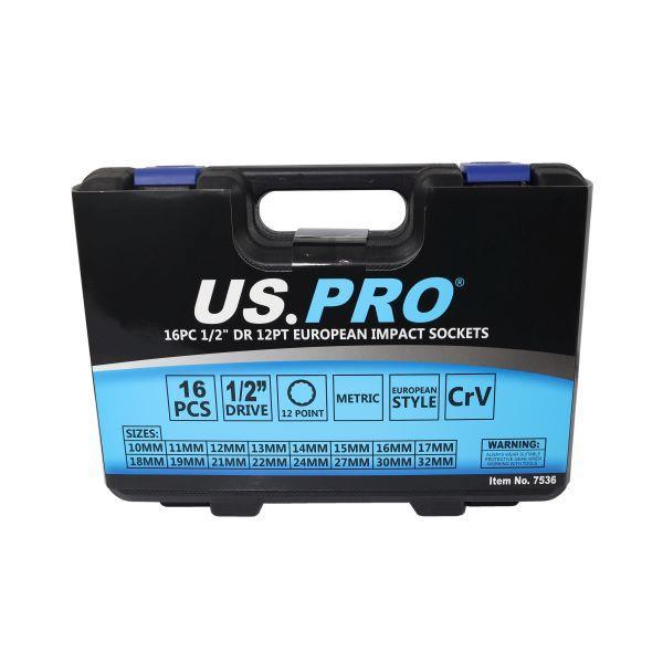 US PRO Tools 16PC 1/2" DR 12PT European Impact Sockets 10 - 32mm 7536 - Tools 2U Direct SW