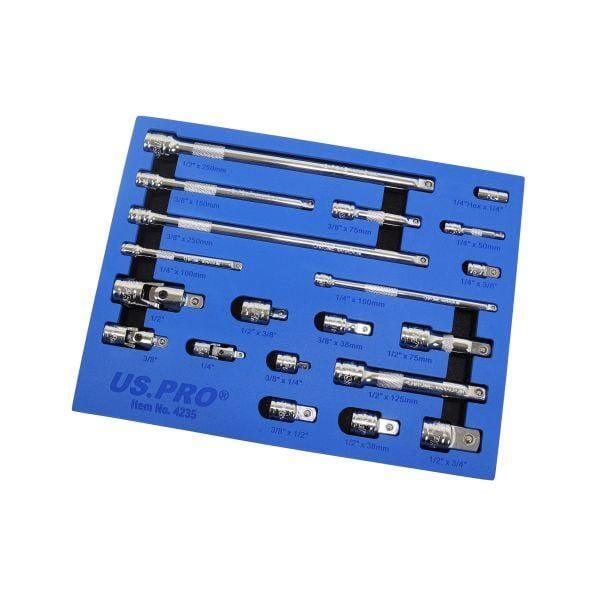US PRO Tools 20pc Socket Extension Bar UJ Adapter Set 1/4" 3/8" 1/2" DR In Foam Tray 4235 - Tools 2U Direct SW