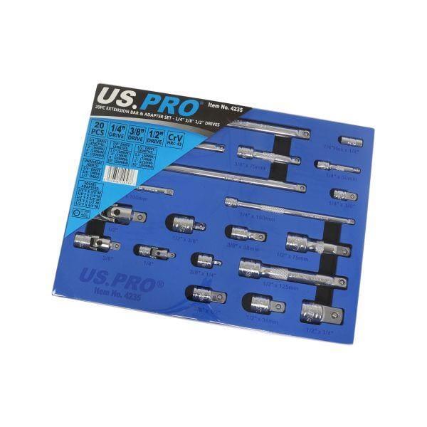 US PRO Tools 20pc Socket Extension Bar UJ Adapter Set 1/4" 3/8" 1/2" DR In Foam Tray 4235 - Tools 2U Direct SW