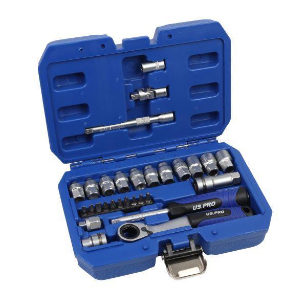 US PRO Tools 29pc Metric Go-thru Socket Set, Ratchet With Accessories 7558 - Tools 2U Direct SW