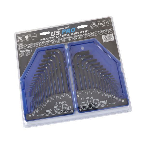 US PRO Tools 30PC Metric And Imperial Hex Allen Key Set 0.7-10mm 0.028-3/8 - 1631 - Tools 2U Direct SW