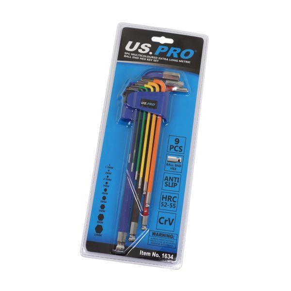 US PRO Tools 9PC Multicoloured Extra Long Metric Ball End Hex Key Set 1.5 - 10mm 1634 - Tools 2U Direct SW