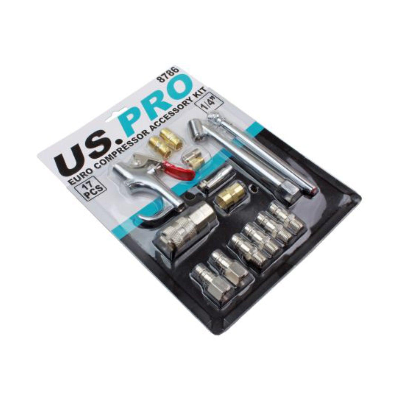 US PRO Tools Compressor Accessory Kit Fittings 17pc Euro 1/4 Inch Air Line Connectors 8786 - Tools 2U Direct SW