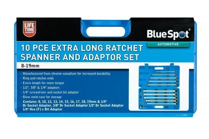 BlueSpot 10 Piece Extra Long Ratchet Spanner and Adaptor Set 8 - 19mm 04307 - Tools 2U Direct SW