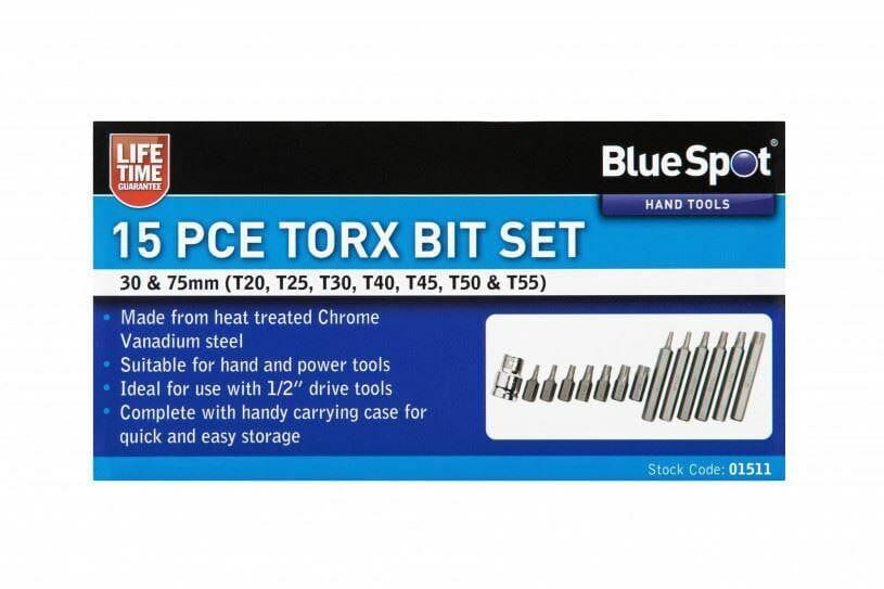 BlueSpot 15 Pc Torx Bit Set T20 - T55 With 1/2" Dr Adaptor 01511 - Tools 2U Direct SW