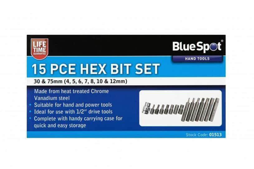 BlueSpot 15 Piece Hex Bit Socket Set H4 - H12 01513 - Tools 2U Direct SW