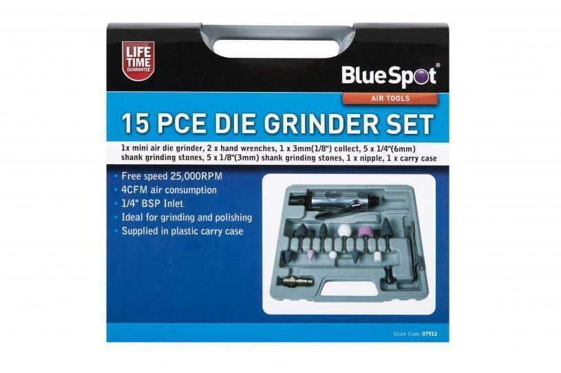 BlueSpot 15pc Mini 1/4" Air Die Grinder Set & Polishing Kit 07912 - Tools 2U Direct SW