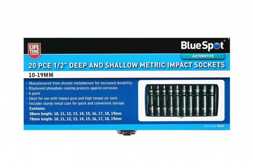 BlueSpot 20 PCE 1/2 Inch Deep and Shallow Metric Impact Sockets Set 10 - 19mm 01557 - Tools 2U Direct SW
