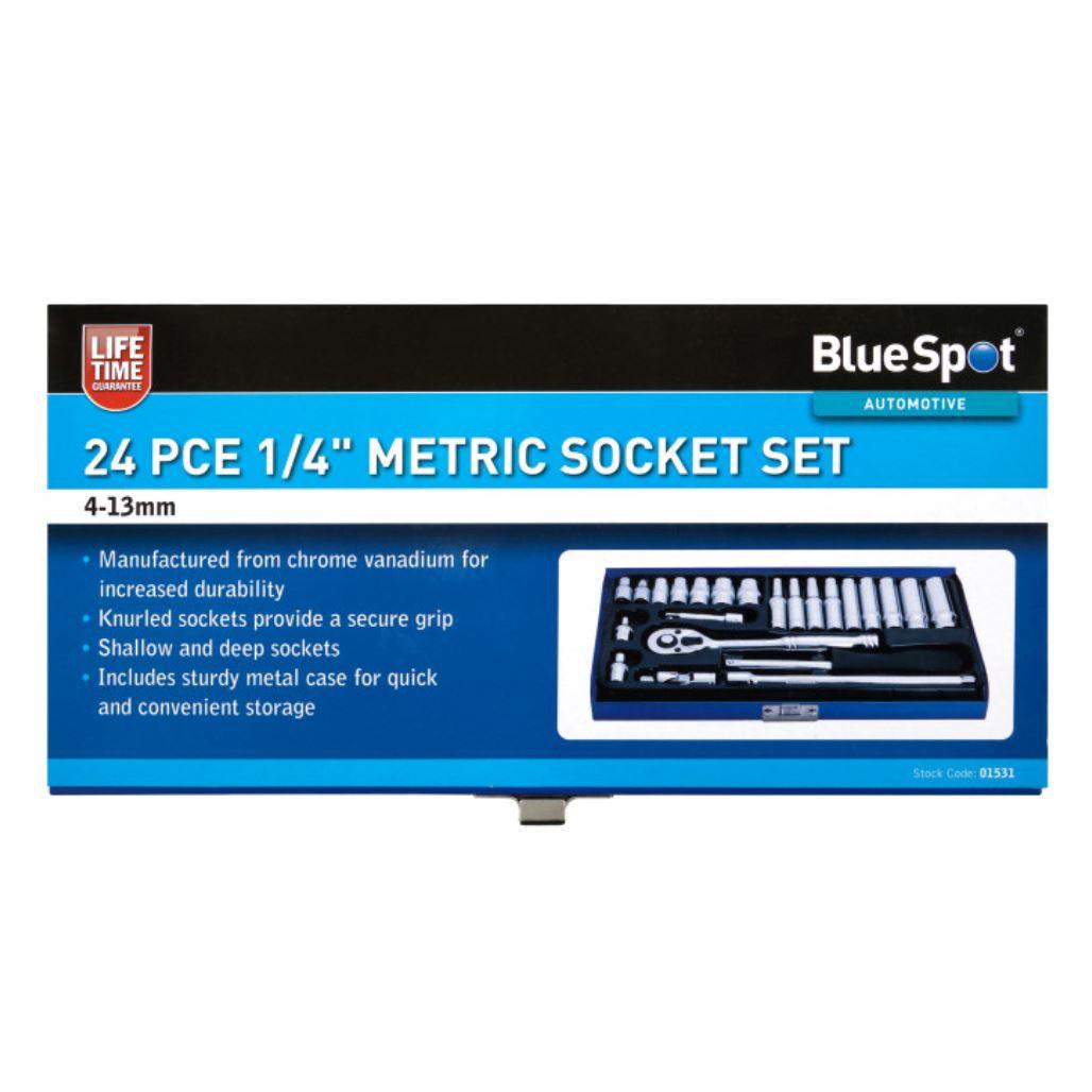 BlueSpot 24pce Metric Standard & Deep Socket Set 1/4" Drive Ratchet 4mm - 13mm 01531 - Tools 2U Direct SW