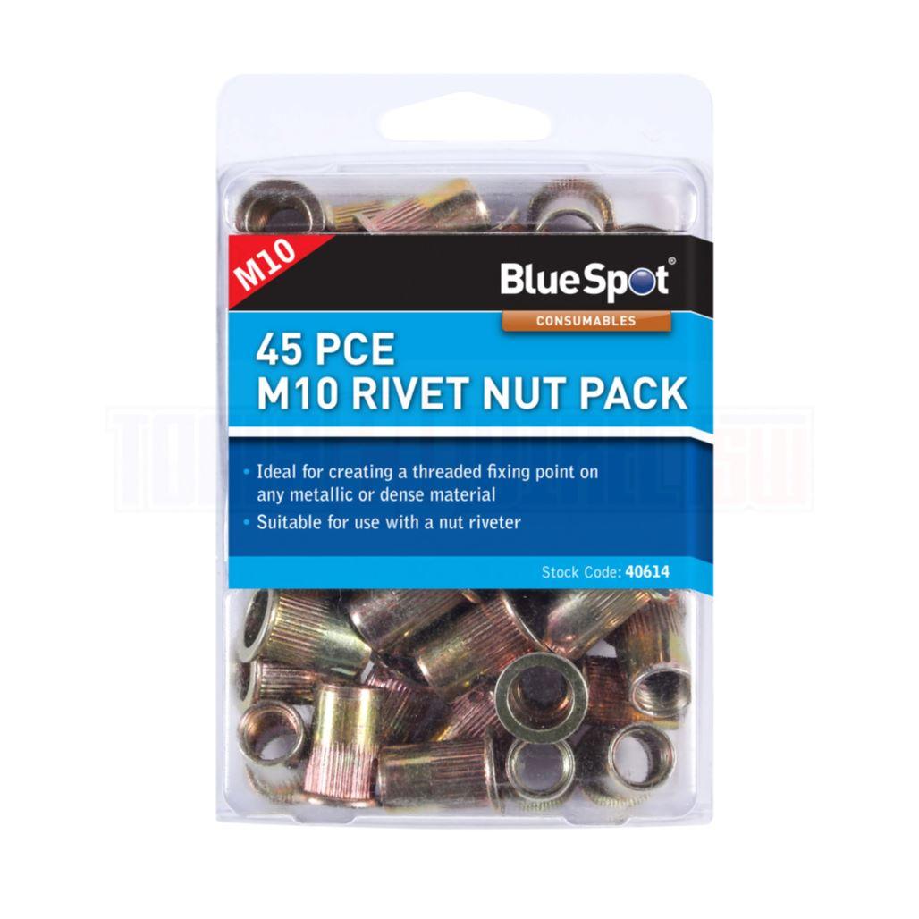 BlueSpot 45 Piece M10 Rivet Nut Pack Carbon Steel Thread Fixing Nut Rivets 40614 - Tools 2U Direct SW