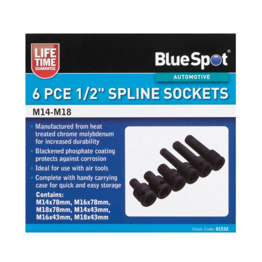 BlueSpot 6pc Impact Spline Sockets Bit Set M14 M16 M18 Deep Shallow 1/2" Drive 01532 - Tools 2U Direct SW