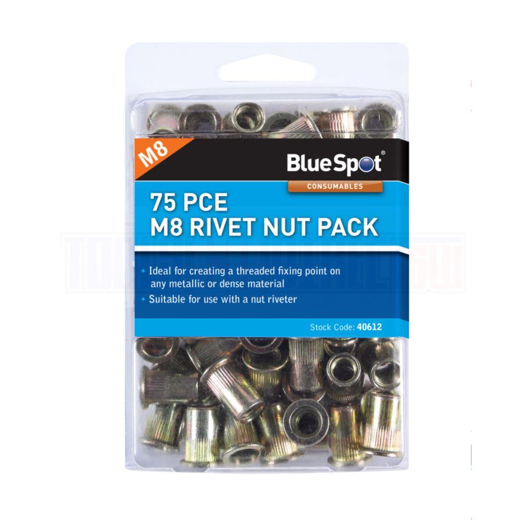BlueSpot 75 Piece M8 Rivet Nut Pack Carbon Steel Thread Fixing Nut Rivets 40612 - Tools 2U Direct SW