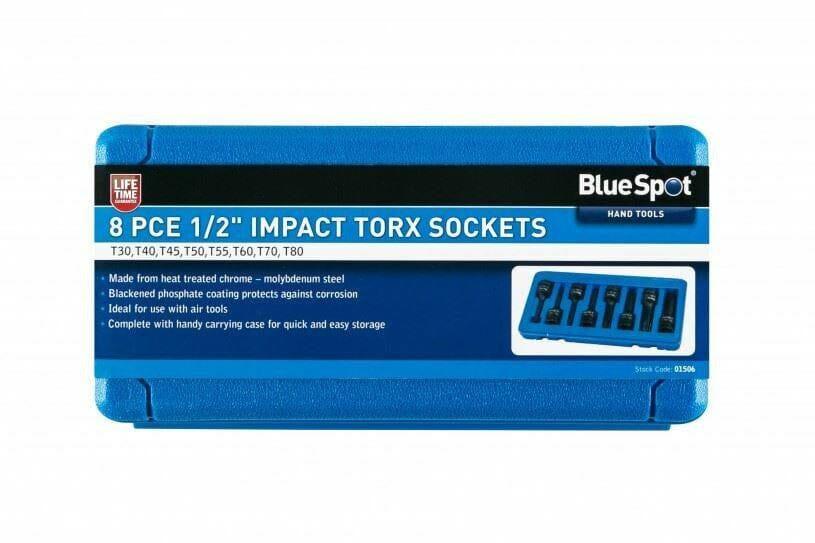 BlueSpot 8 Piece 1/2" Dr Impact Torx Bit Sockets T30 to T80 Star Keys 01506 - Tools 2U Direct SW
