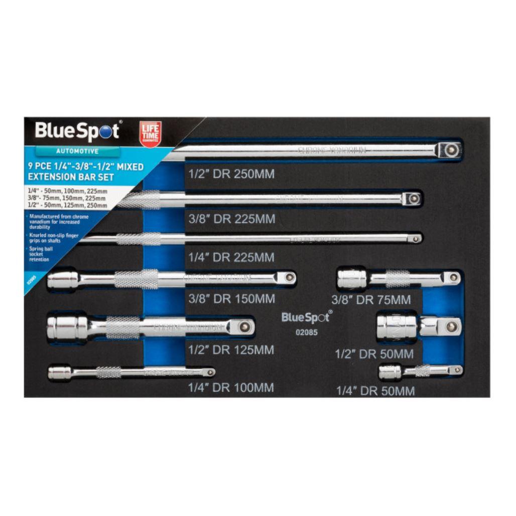 BlueSpot 9pc 1/4" 3/8" 1/2" DR Mixed Drive Socket Extension Bar Set 50 - 250mm 02085 - Tools 2U Direct SW
