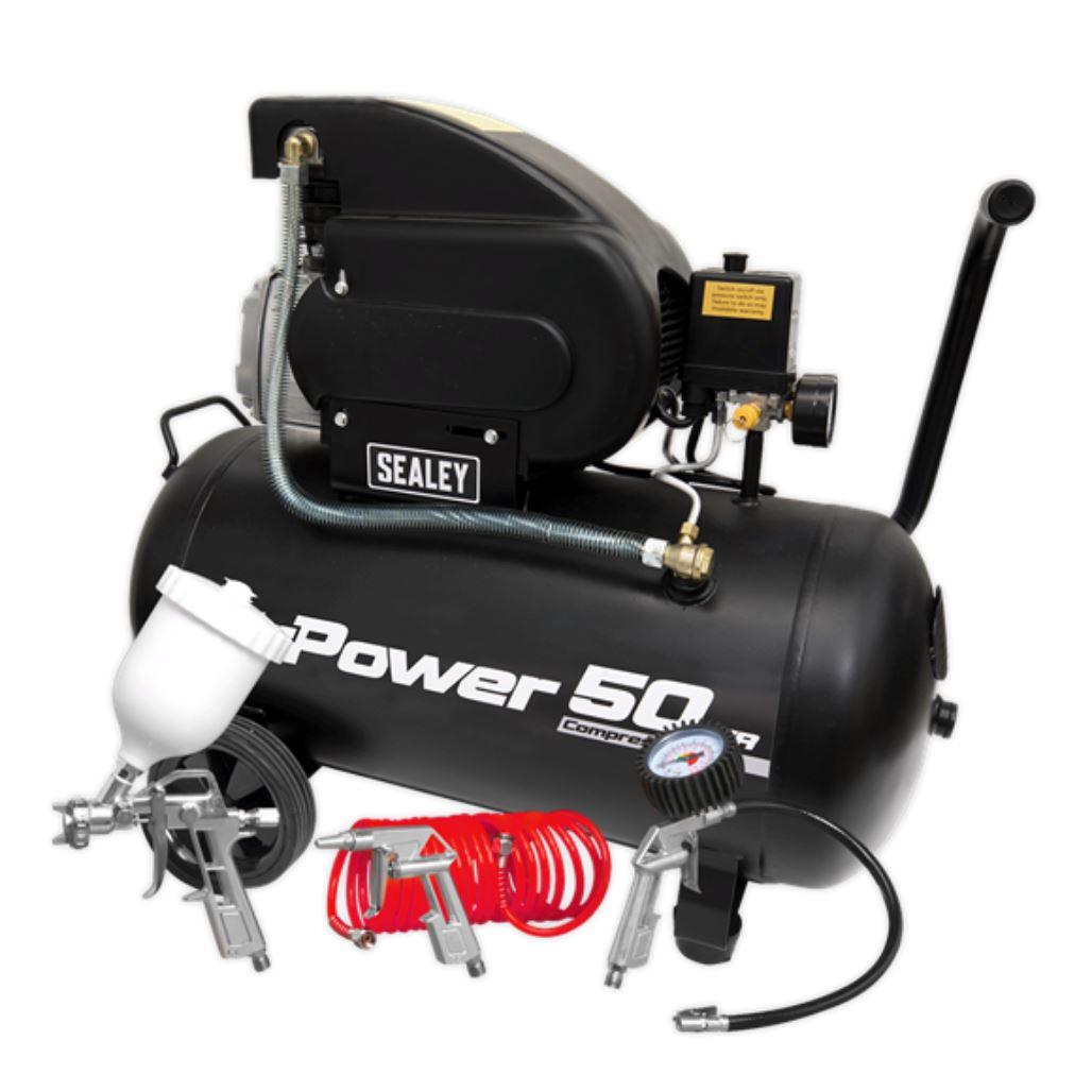 Sealey Air Compressor 50L Direct Drive 2hp with 4pc Air Accessory Kit SAC5020APK - Tools 2U Direct SW