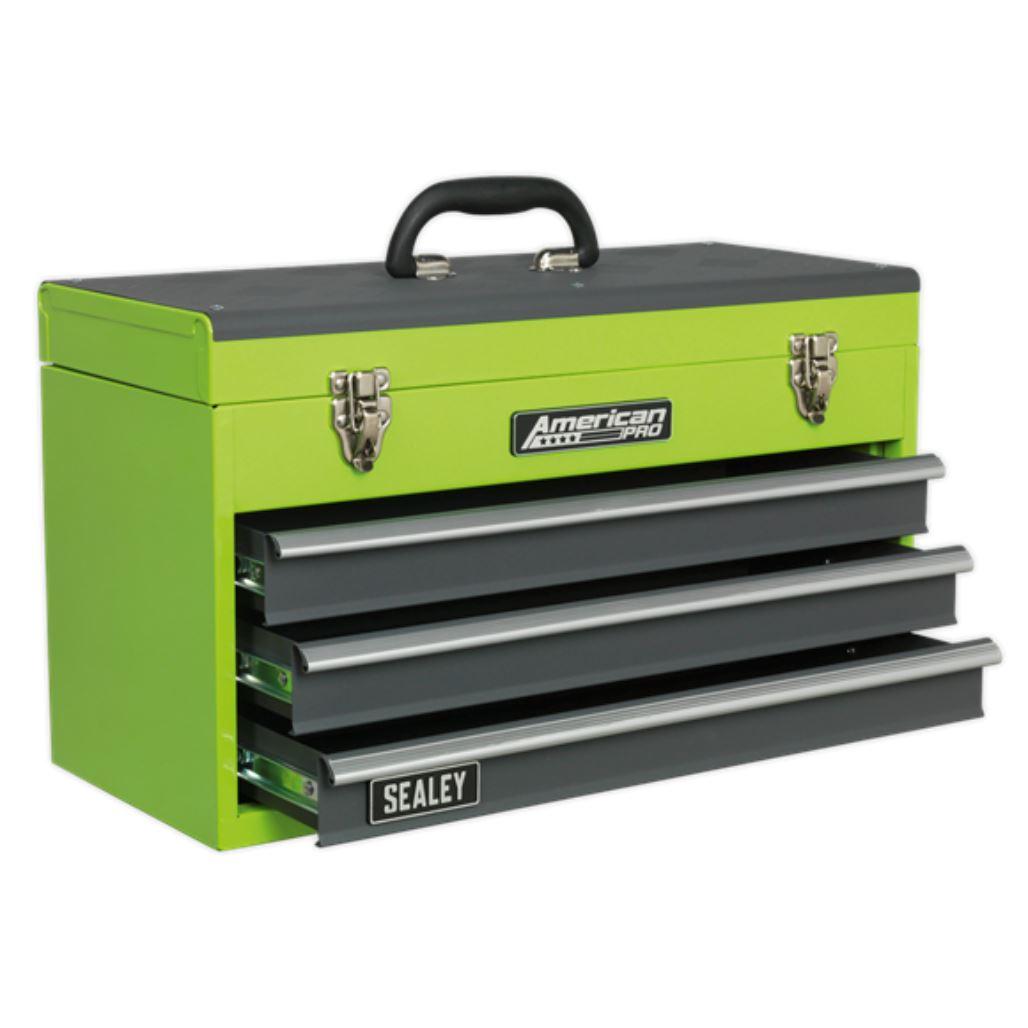 Sealey American Pro Tool Chest 3 Drawer Portable with Ball Bearing Slides - Hi-Vis Green/Grey AP9243BBHV - Tools 2U Direct SW